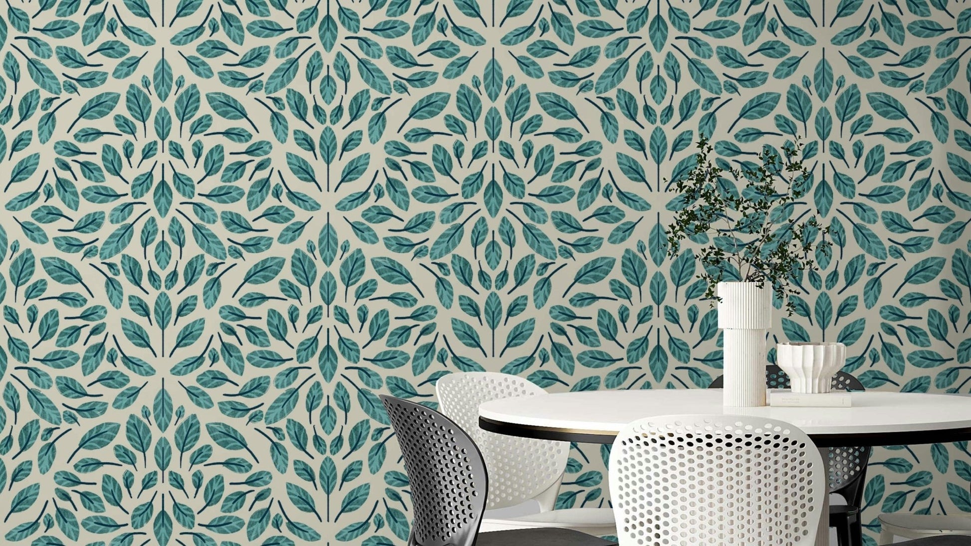 Botanical wallpaper featuring soft teal leaves

