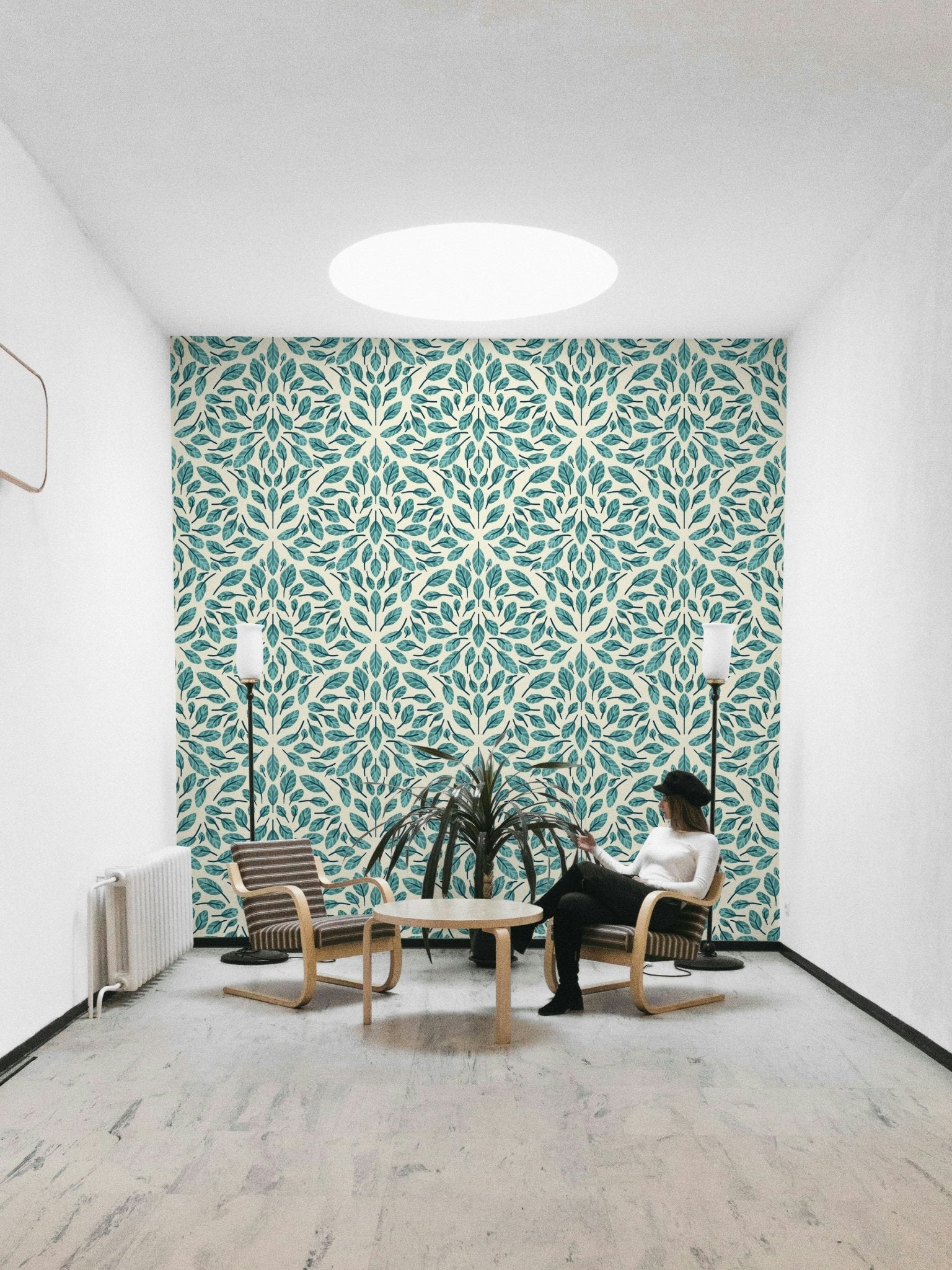 Serene Teal Leaves Wallpaper with botanical pattern

