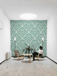 Serene Teal Leaves Wallpaper with botanical pattern

