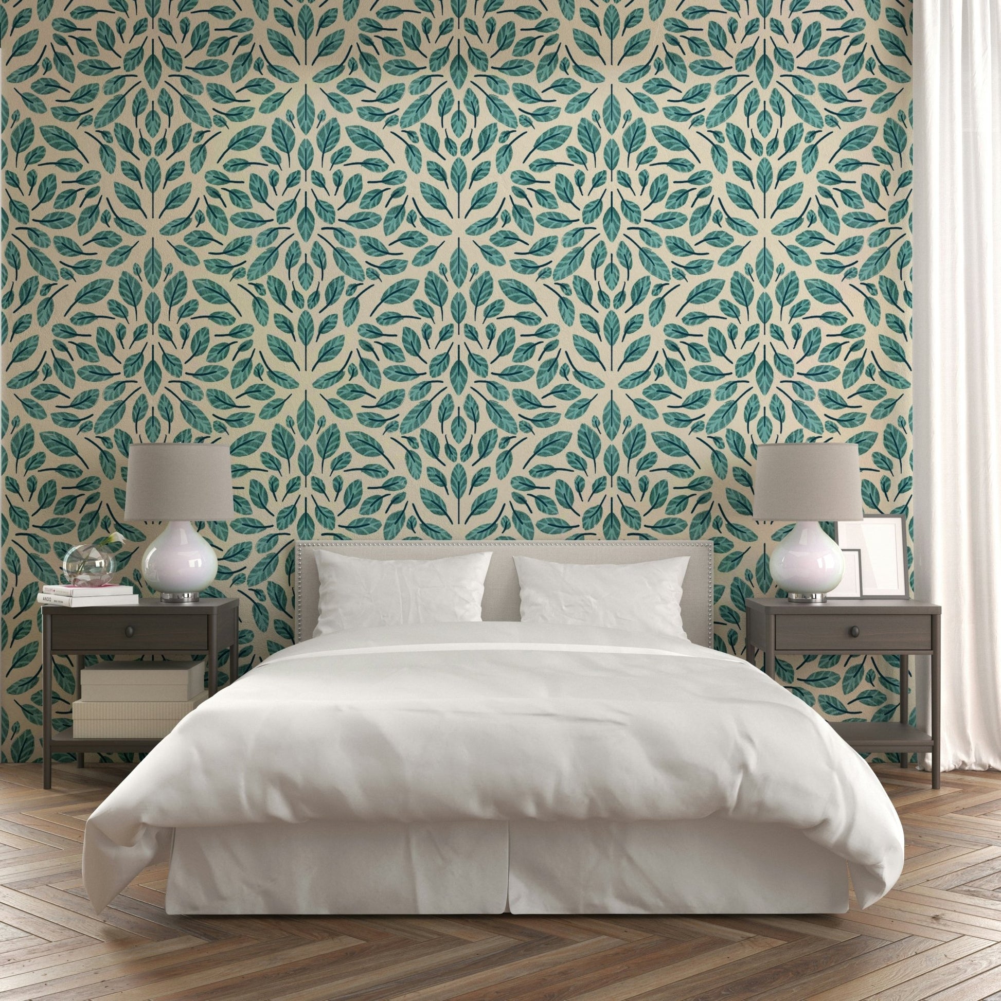 Teal leaf wallpaper for calming interior design

