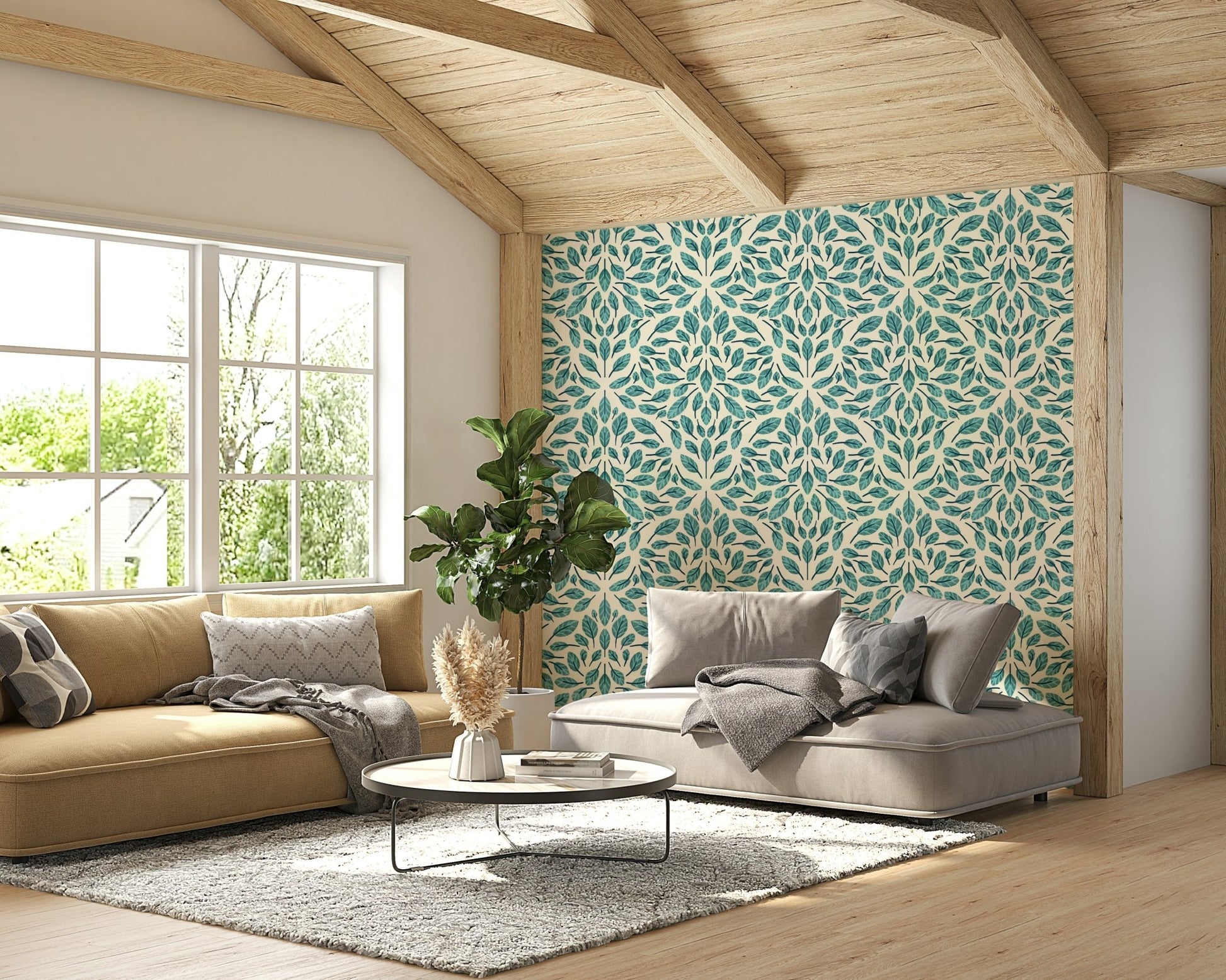 Elegant foliage wallpaper in serene teal hues

