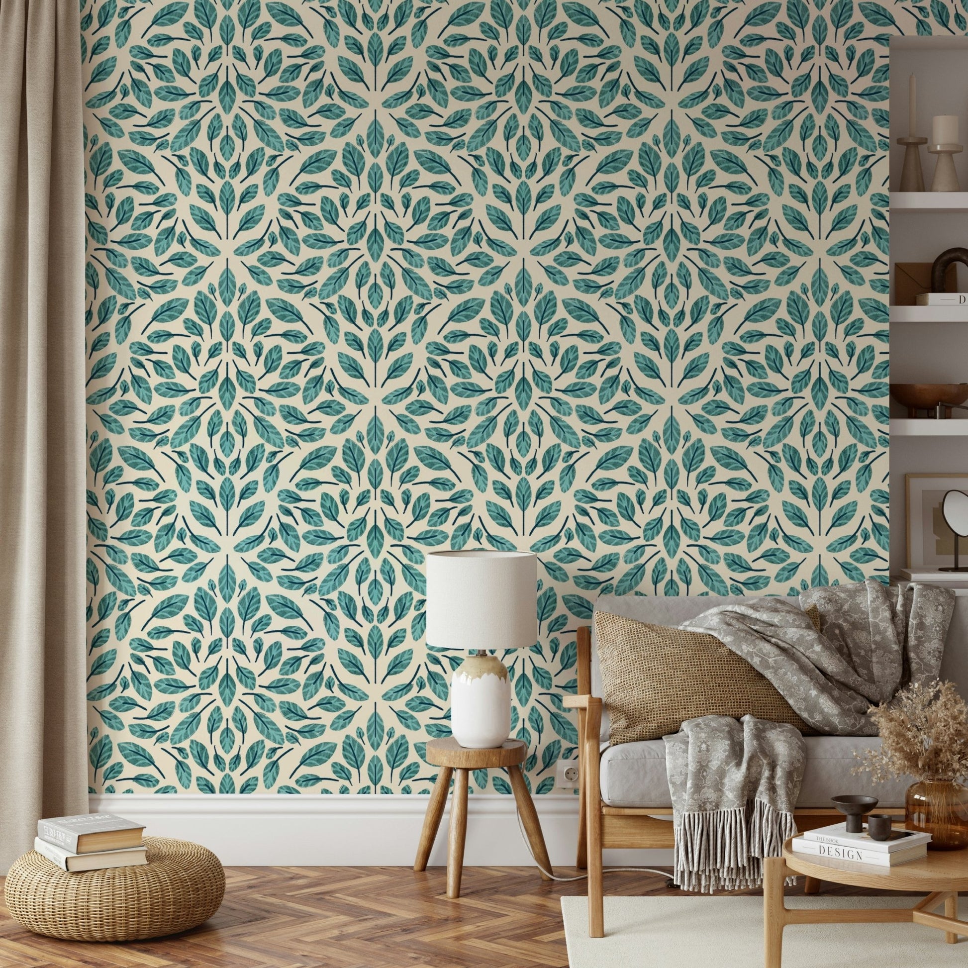 Tranquil botanical wallpaper in teal and green

