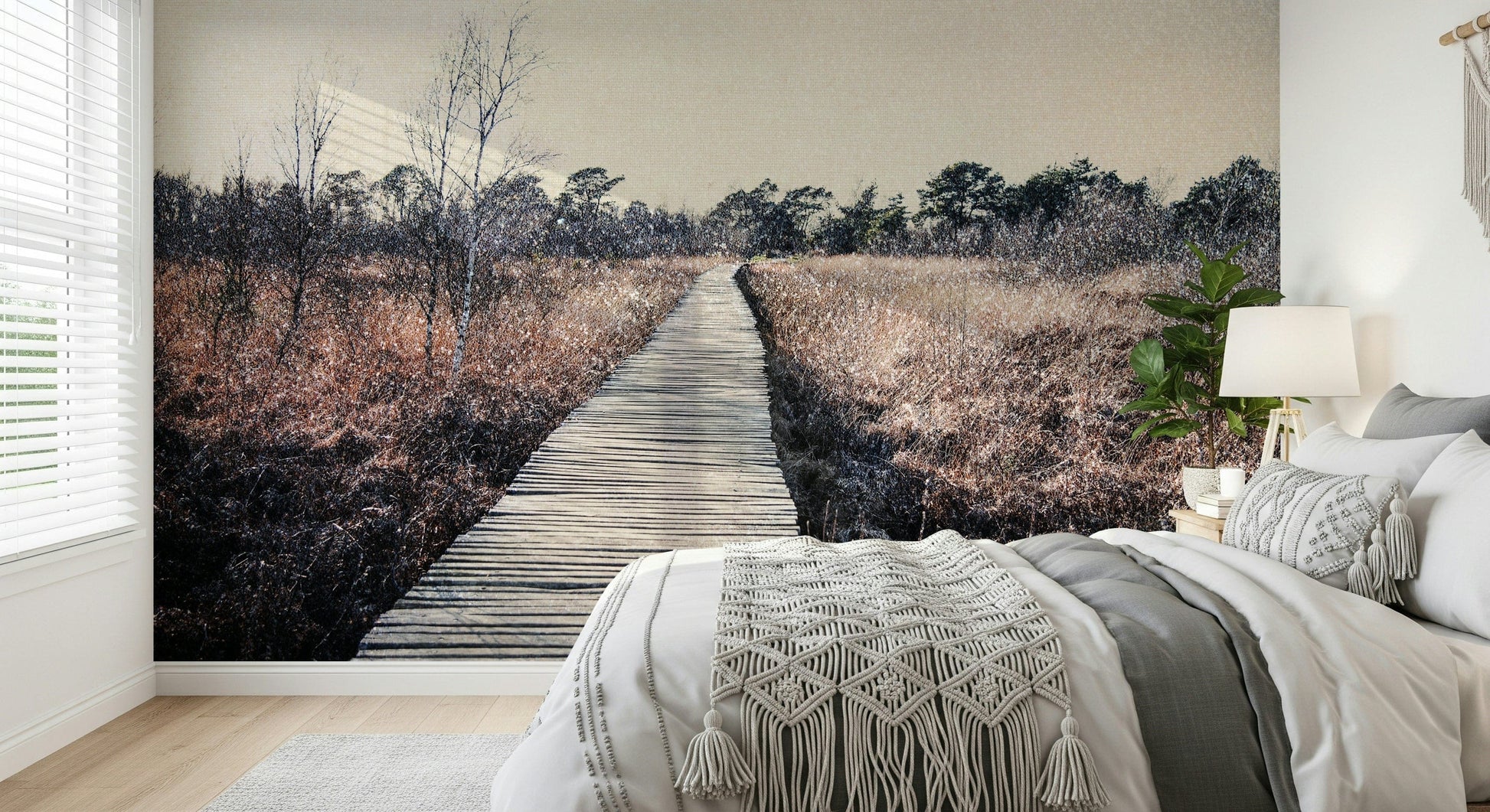 High quality peel and stick mural showing a misty trail for a sophisticated dining area.