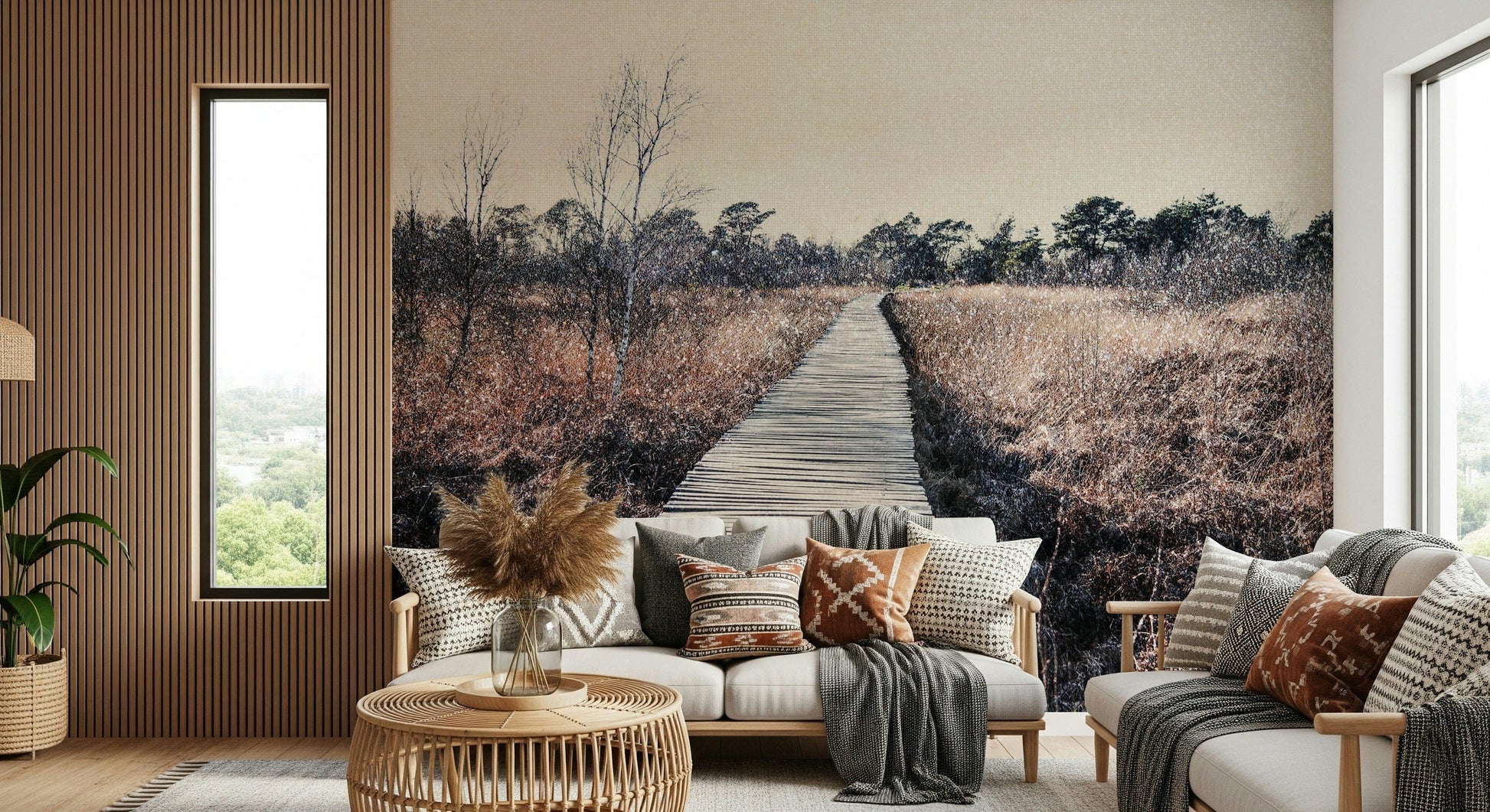 Matte finish nature mural for a minimalist guest room with white bedding.