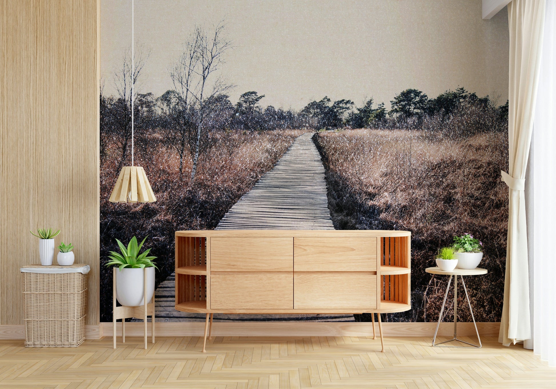 Large scale nature mural showing a distant horizon in a sunlit open plan studio.