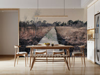Contemporary wall mural with earthy colors and a quiet trail for a minimalist entryway.