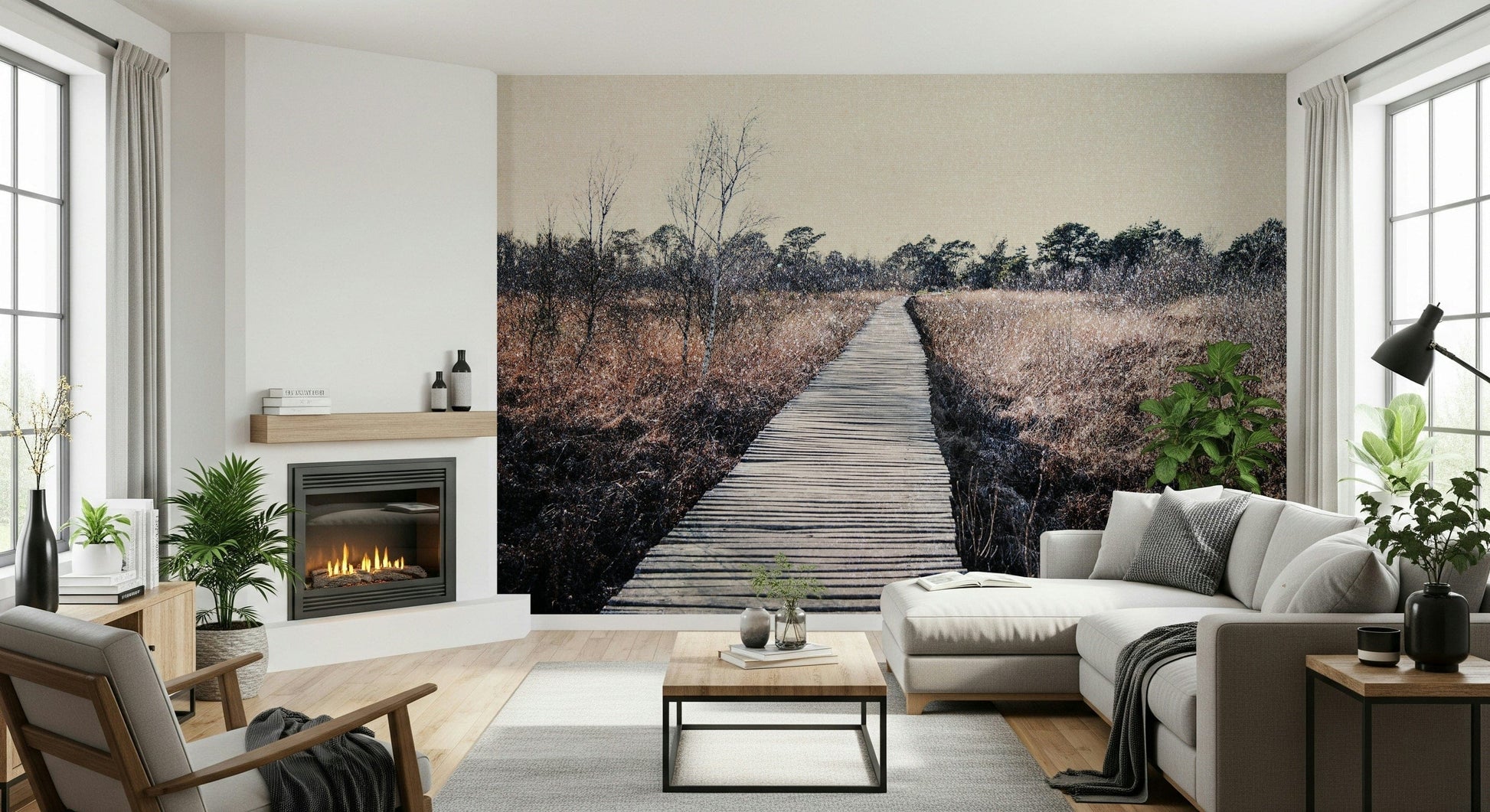 Trail's End Serenity Wall Mural styled with mid-century modern furniture and green plants.