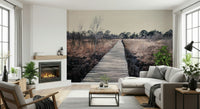 Trail's End Serenity Wall Mural styled with mid-century modern furniture and green plants.
