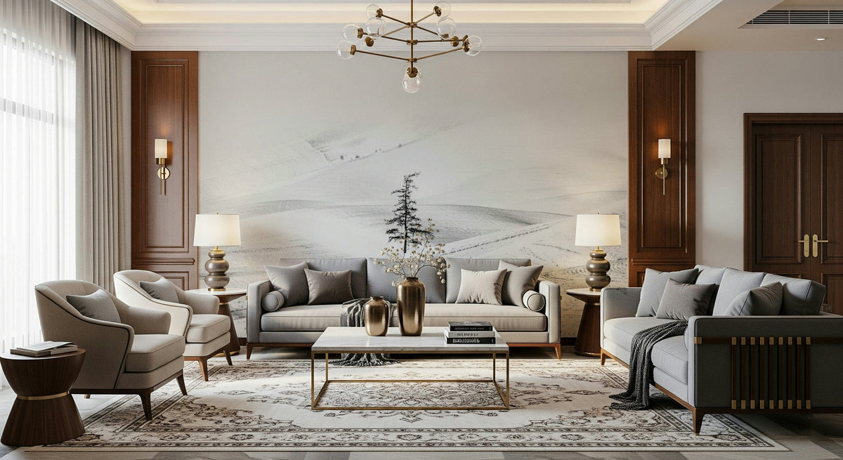Silent Hills wallpaper mural of a lone pine on snowy hills behind grey sofas in a formal living room