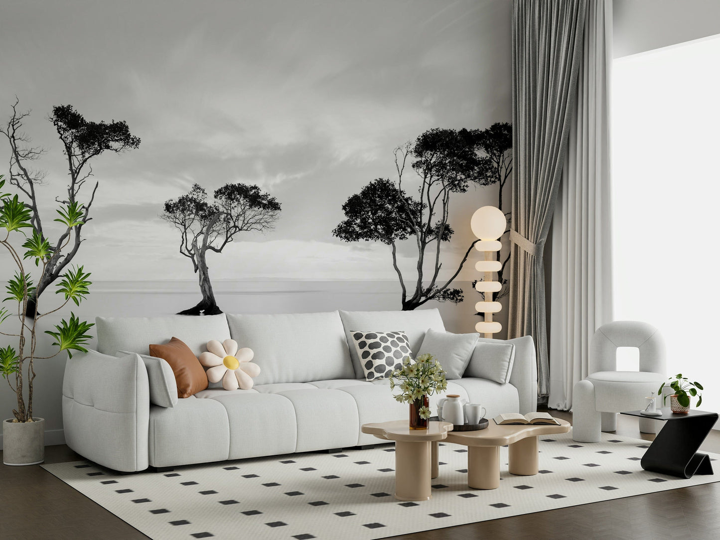 A graceful subtle tree pattern wall mural in cool, white tones.

