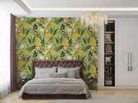 Lush, nature-inspired wallpaper with tropical foliage and birds

