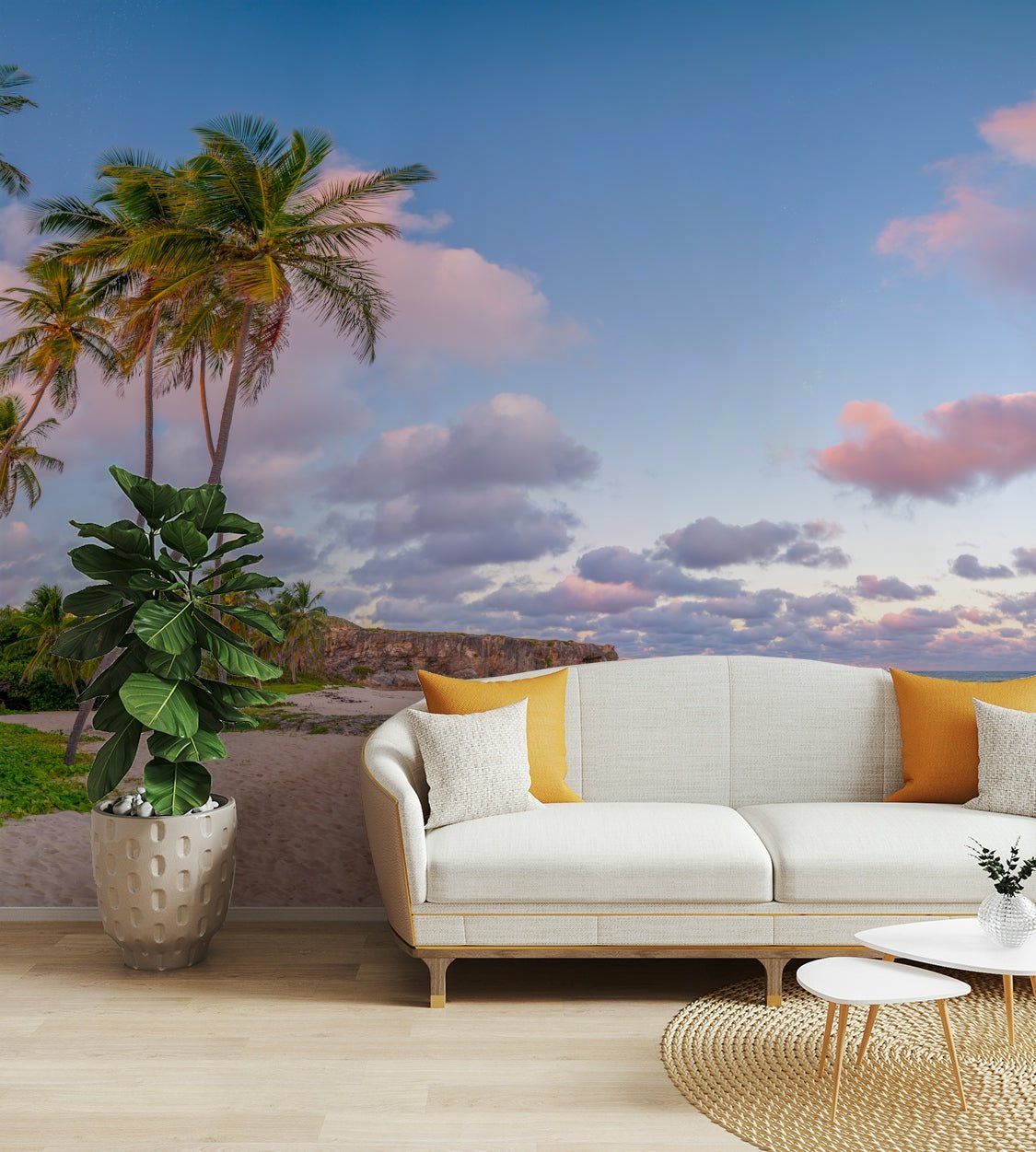 Mural wallpaper of palm trees and ocean at golden hour.

