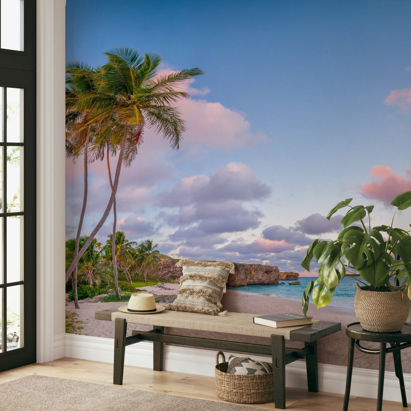 Tall palms on tropical shoreline mural at dusk.

