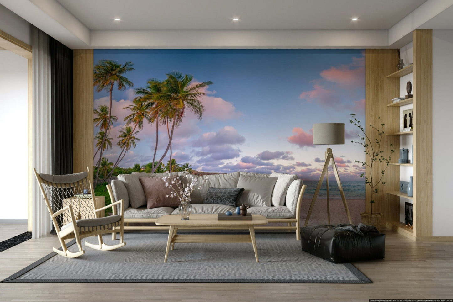 Tranquil island wall mural with pastel sky and horizon.

