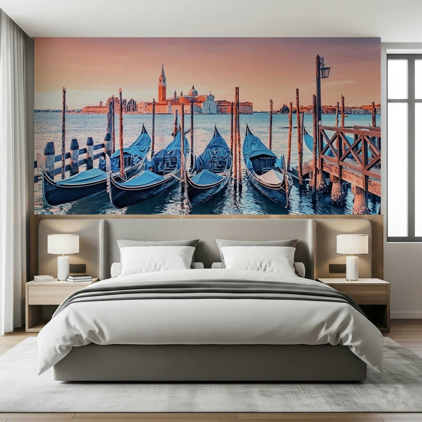 Venice mural behind bed, modern bedroom styling in soft colours