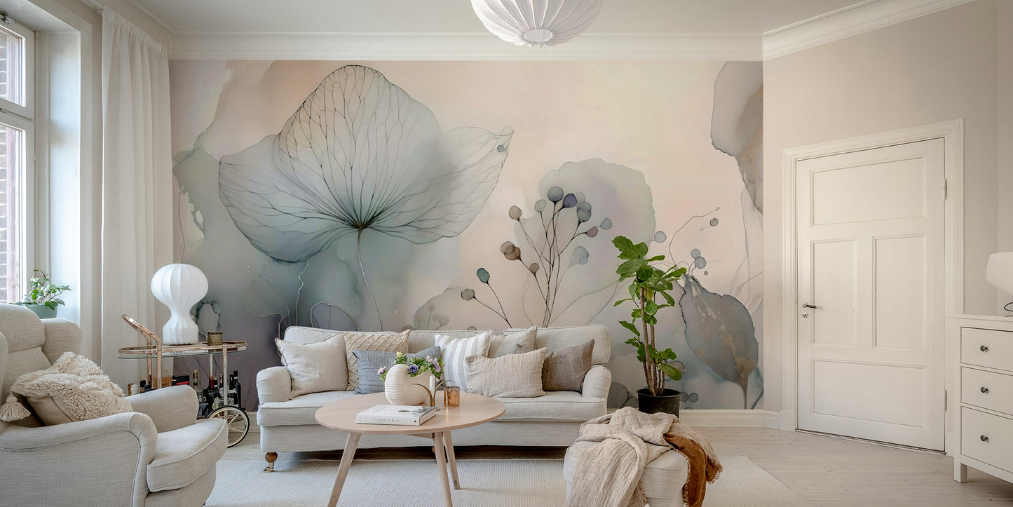 Floral mural wallpaper with calm, airy feeling

