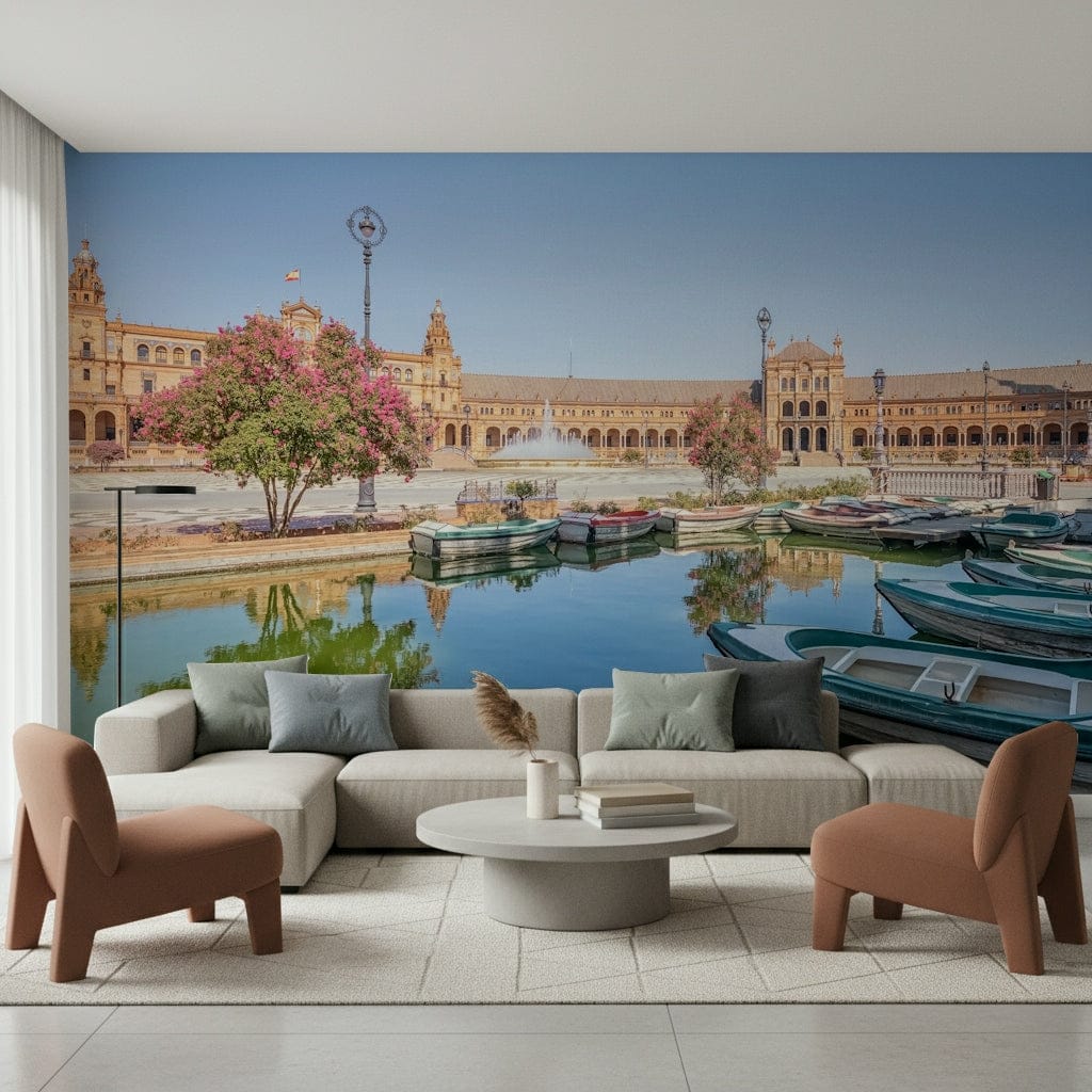 Plaza de España art mural with warm stone and water reflections