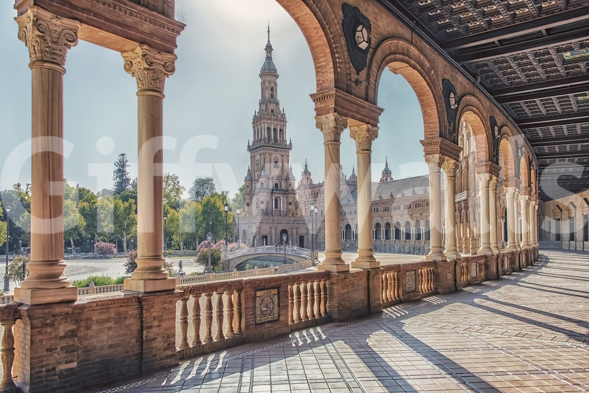 Golden hour glow Plaza España: Timeless View Wall Mural wallpaper.