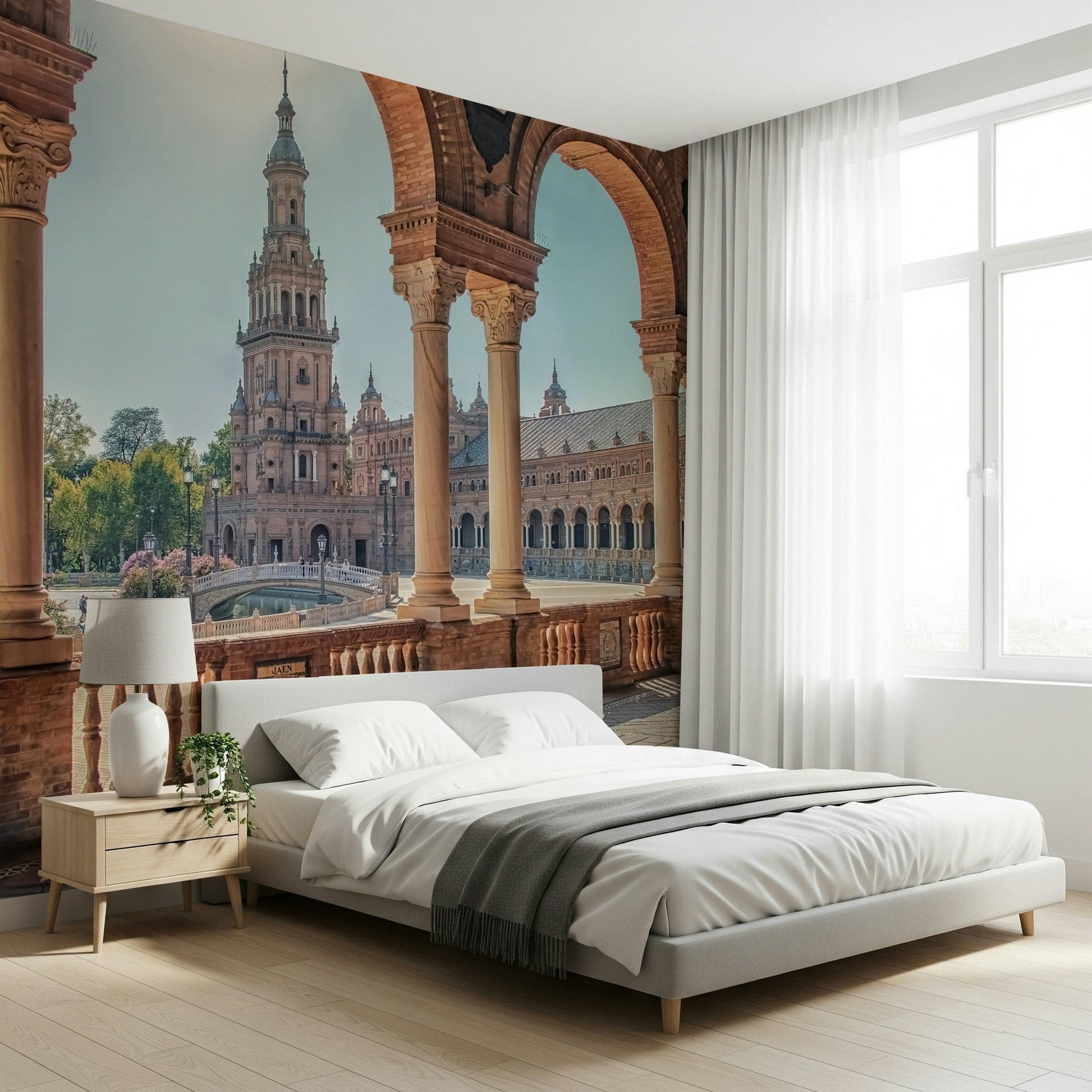Elegant stone bridges Plaza España: Timeless View Wall Mural wallpaper.