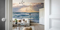 Twilight ocean mural with sun rays and soothing waves

