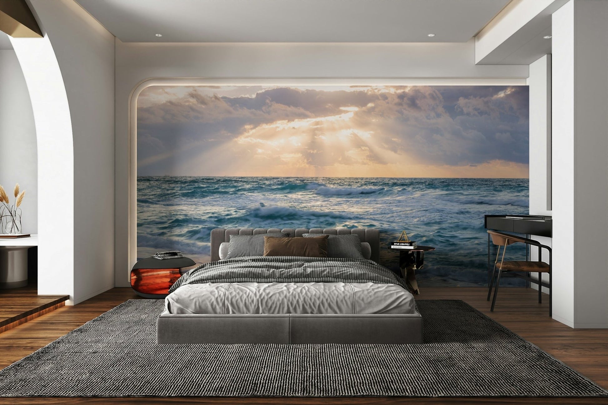 Stunning twilight ocean mural with sun rays shining


