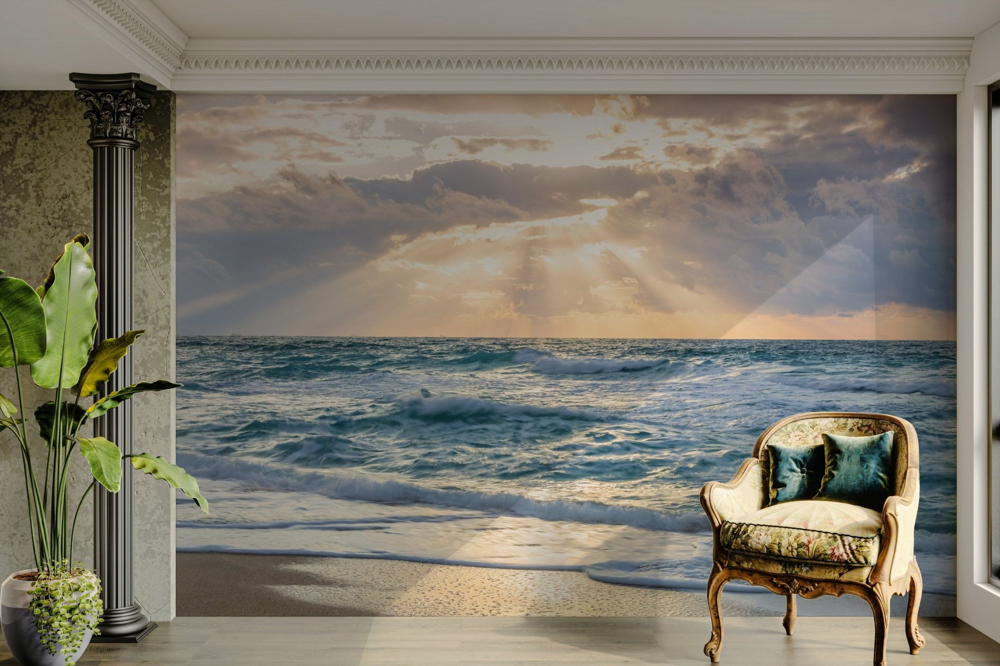 Beautiful ocean sunset mural with twilight colors

