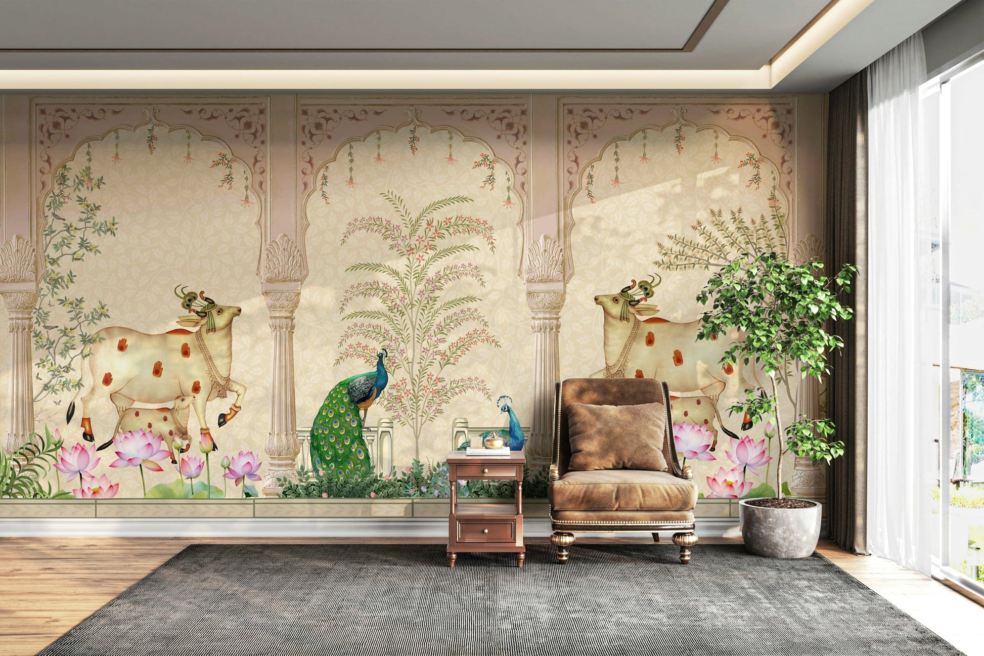 The design features a repeating motif inspired by royal courtyards.

