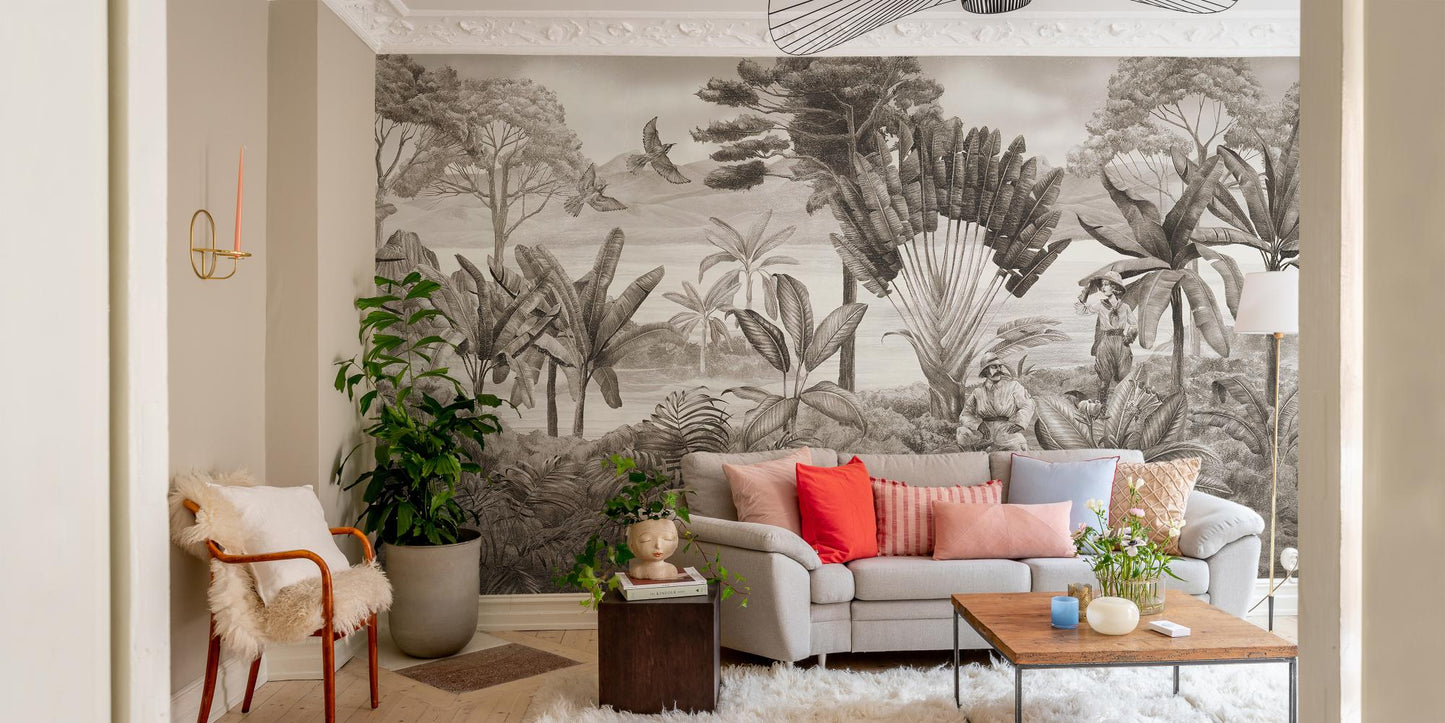 Dramatic shooter and jungle wallpaper mural for bold decor.
