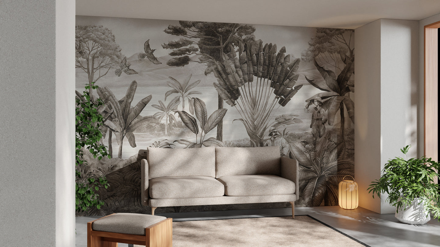 Shooter sitting jungle scene mural for captivating interiors.