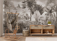 Jungle-themed wallpaper mural with a sitting shooter motif.
