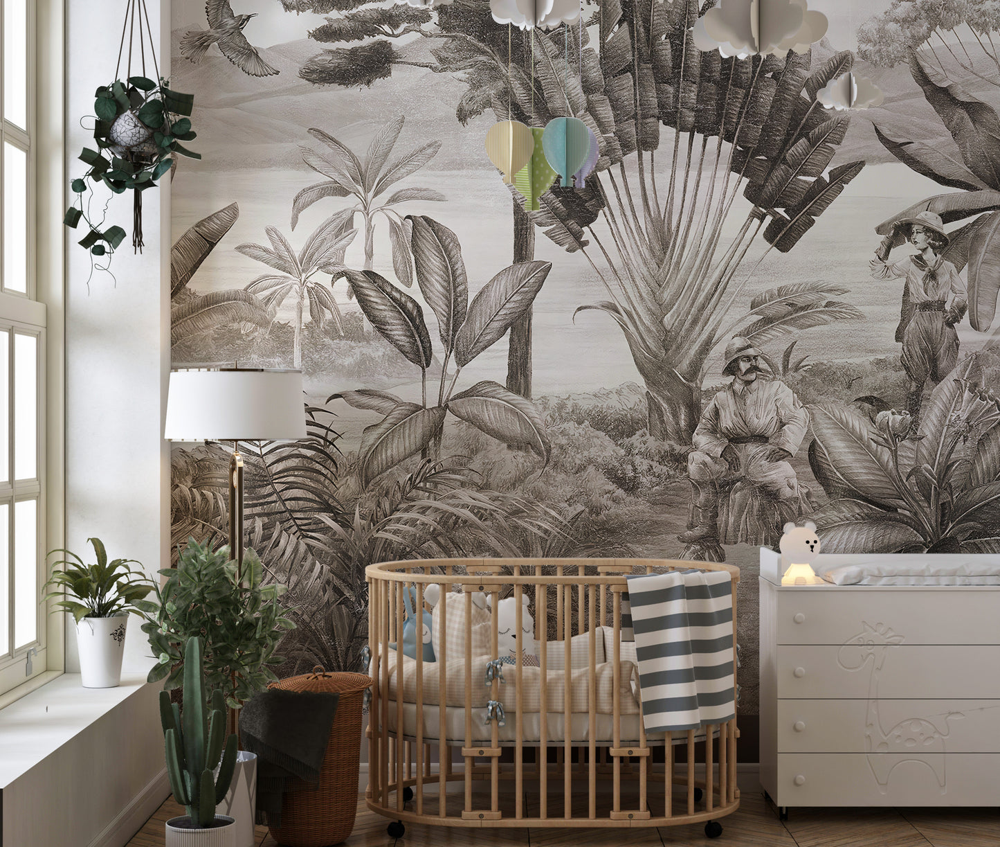Bold jungle scene mural featuring a shooter for unique interiors.
