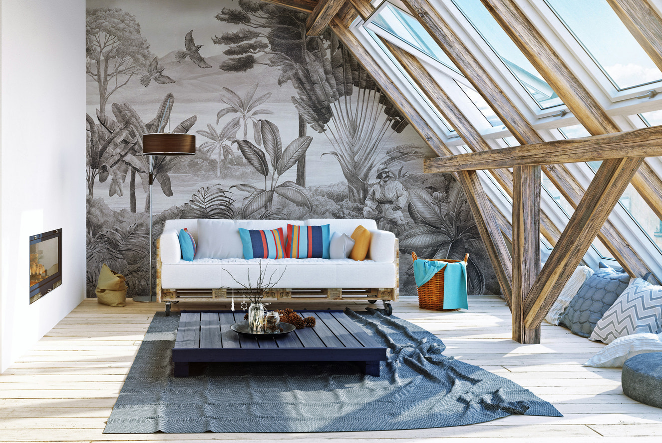 Shooter sitting in jungle wallpaper mural for adventurous decor.
