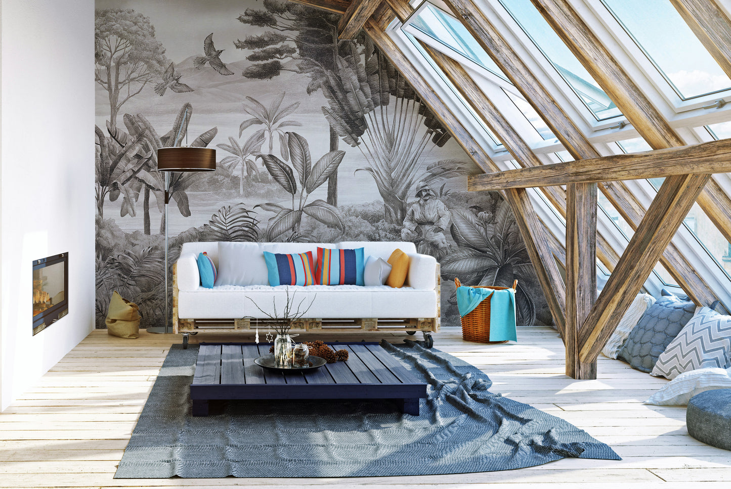 Shooter sitting in jungle wallpaper mural for adventurous decor.
