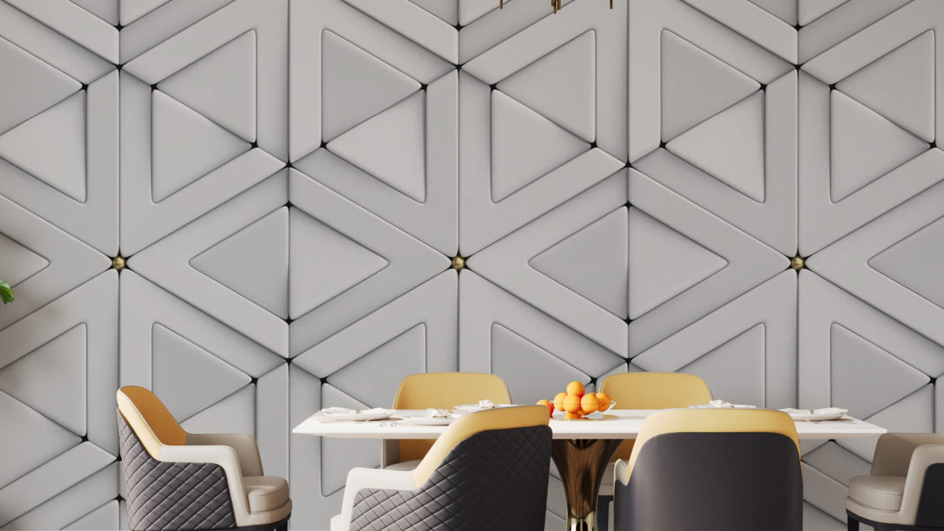 Modern 3D white triangle wallpaper for sleek wall designs.