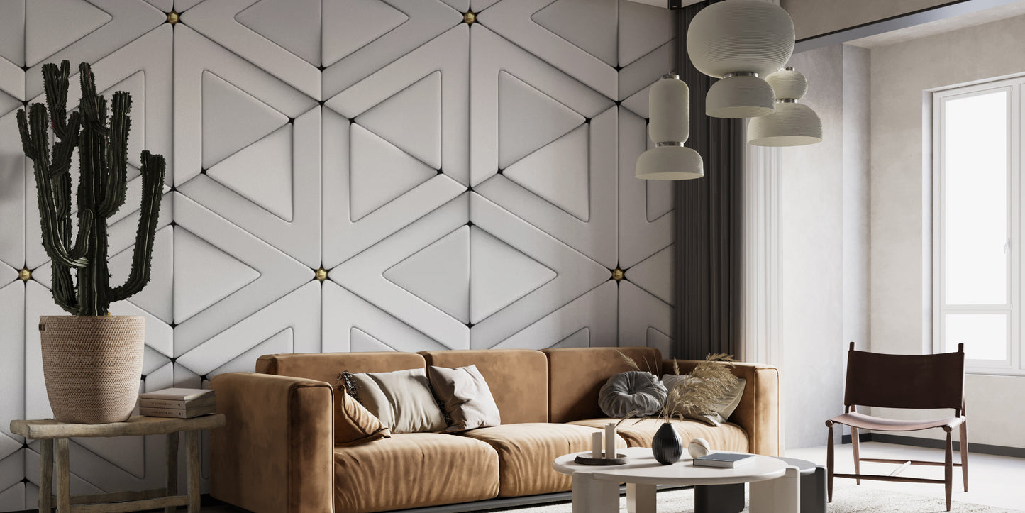 White triangle pattern wallpaper with a 3D textured effect.