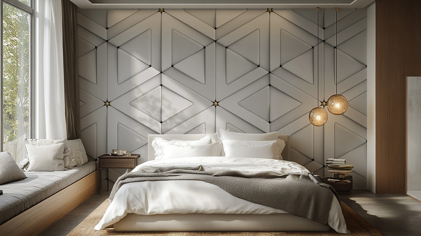 Minimalist 3D triangle pattern wallpaper in white tones.