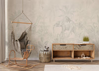 Neutral jungle wallpaper with artistic detailing.
