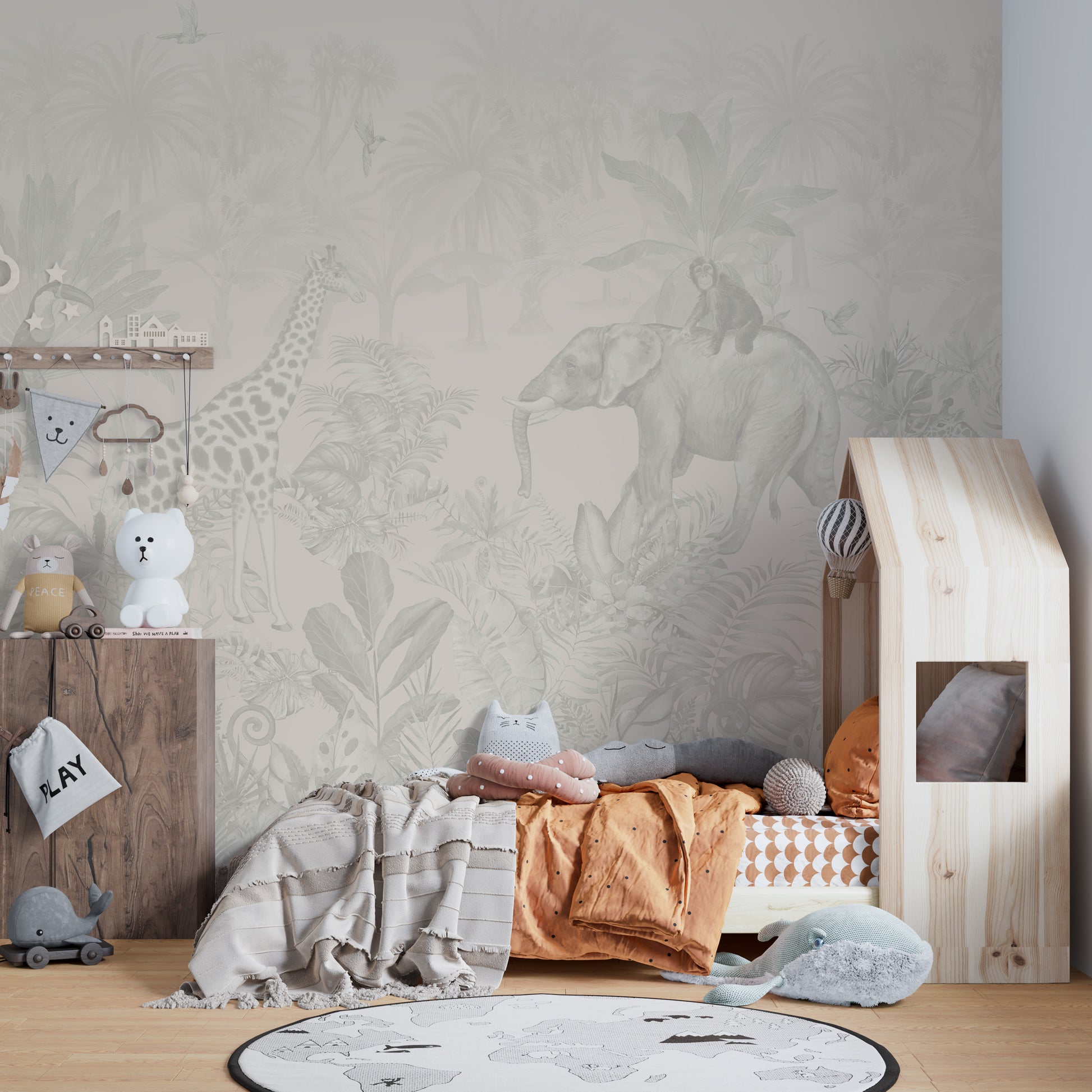 Monochrome jungle scene in soft beige hues.
