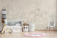 Neutral-toned jungle wallpaper with wild animals.

