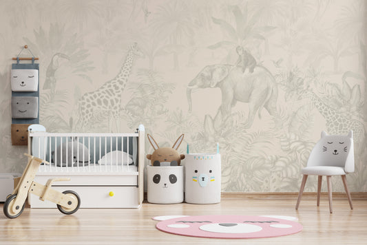 Neutral-toned jungle wallpaper with wild animals.
