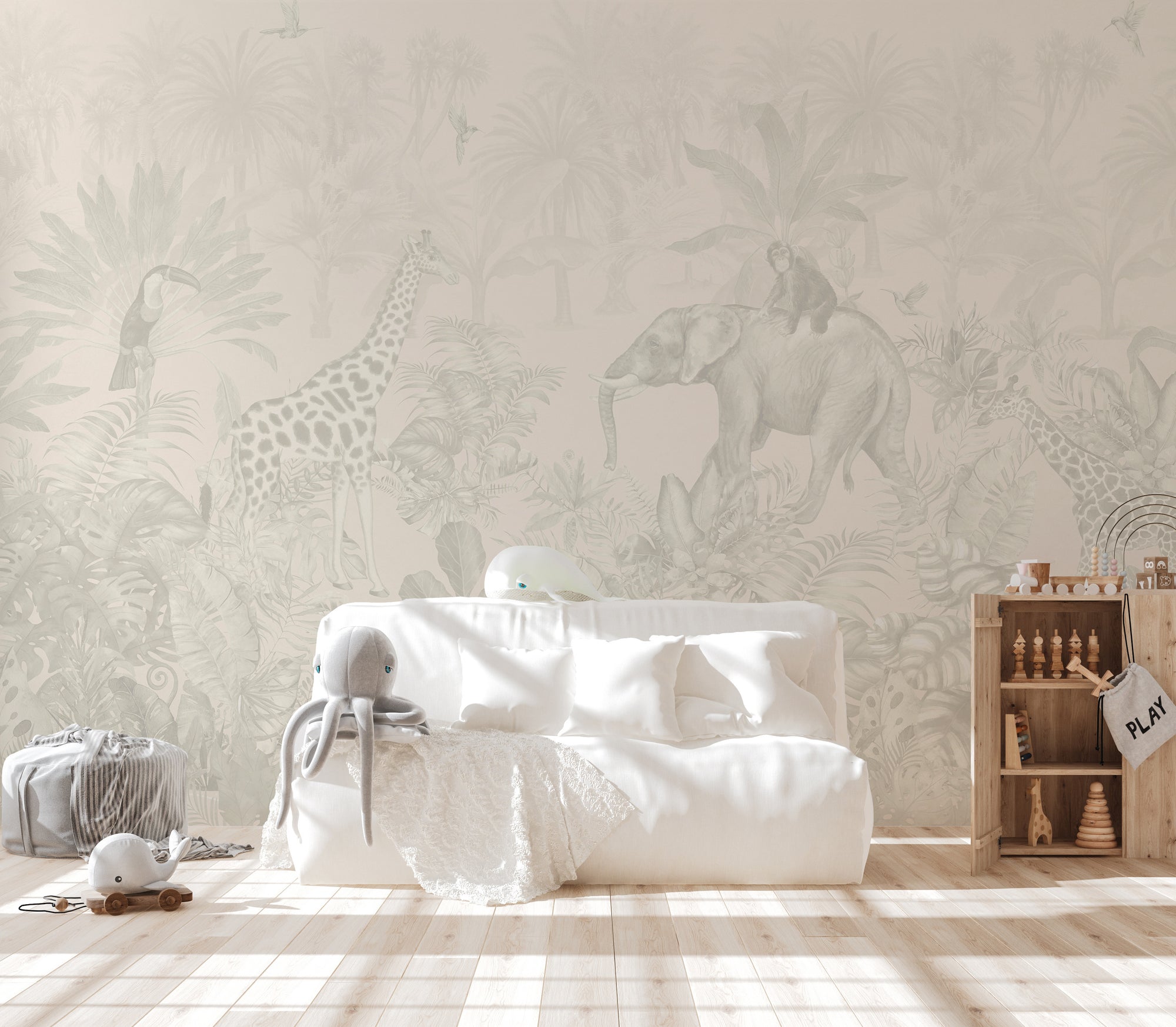 Beige jungle mural with soft tropical foliage.
