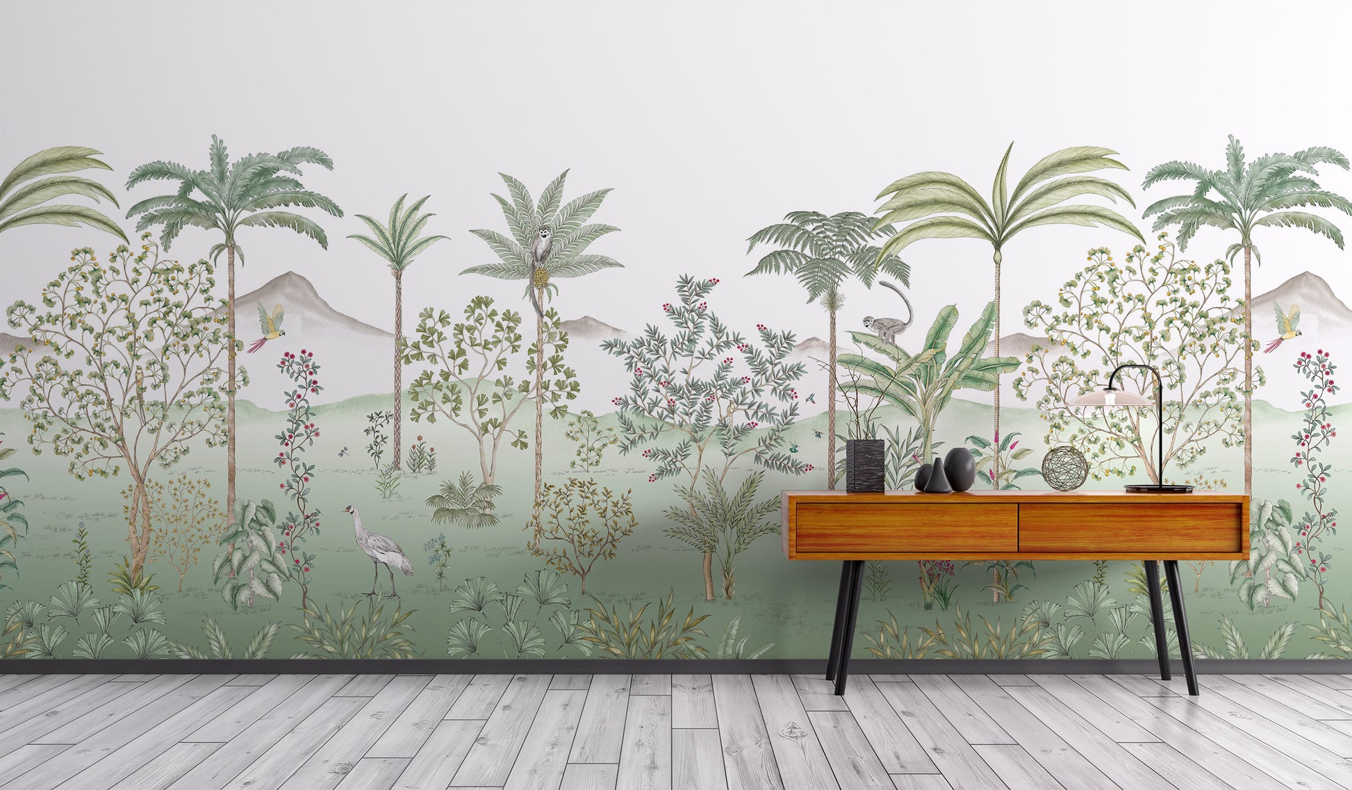 Colorful tropical flora and fauna mural