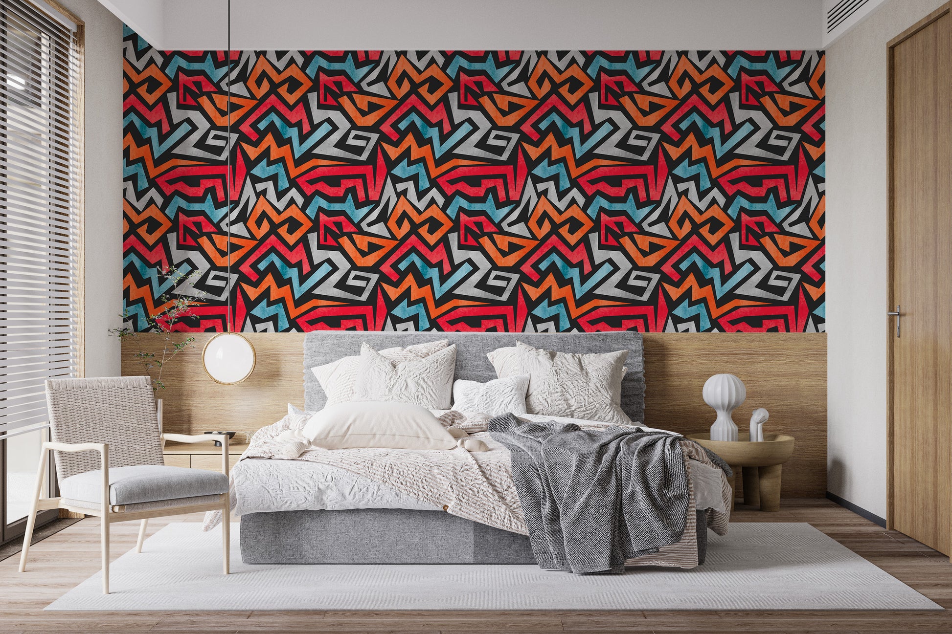Bold seamless graffiti wallpaper with vibrant colors for decor.