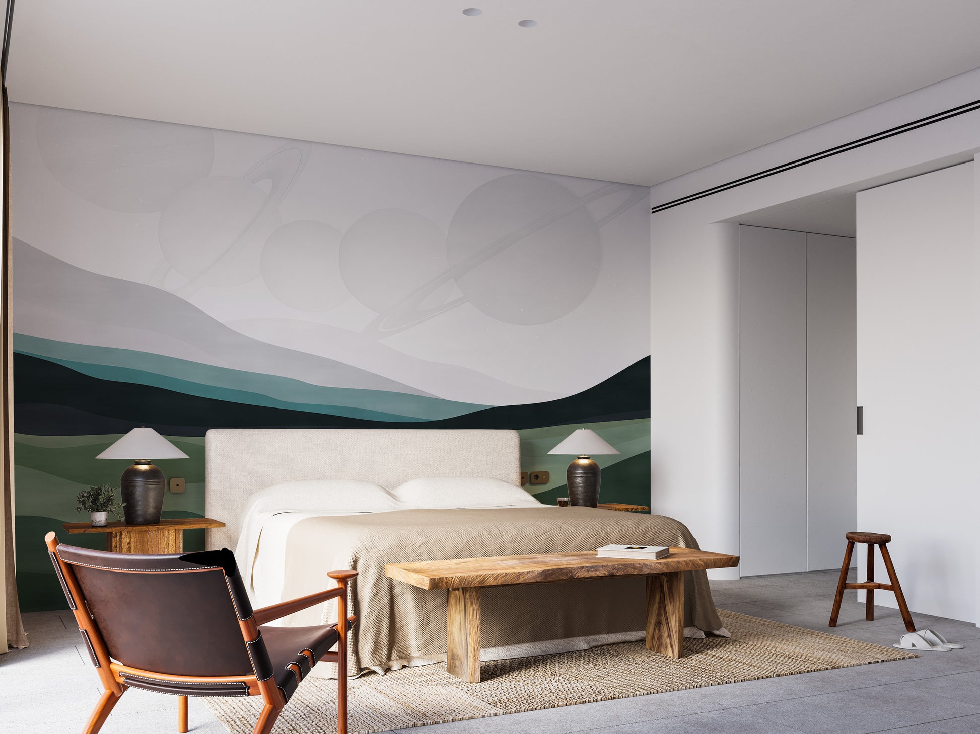 Galactic Harmony Wall Mural: serene bedroom wallpaper