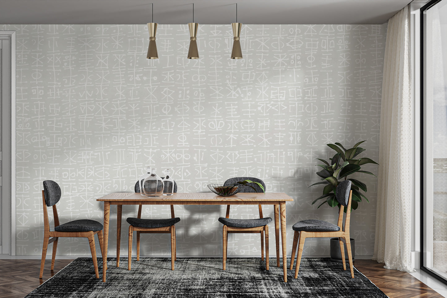 Abstract grey grid wallpaper with white tribal script patterns.
