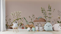 Temporary Mushroom Garden Wall Mural in a bright play area with a white table and soft toys for a festive room feel.