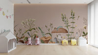 Removable Mushroom Garden Wall Mural in a kids bedroom with a house bed and dollhouse for a magical room makeover.