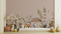 Standard finish Mushroom Garden Wall Mural in a minimalist nursery room with blue storage bins and soft plush toys.
