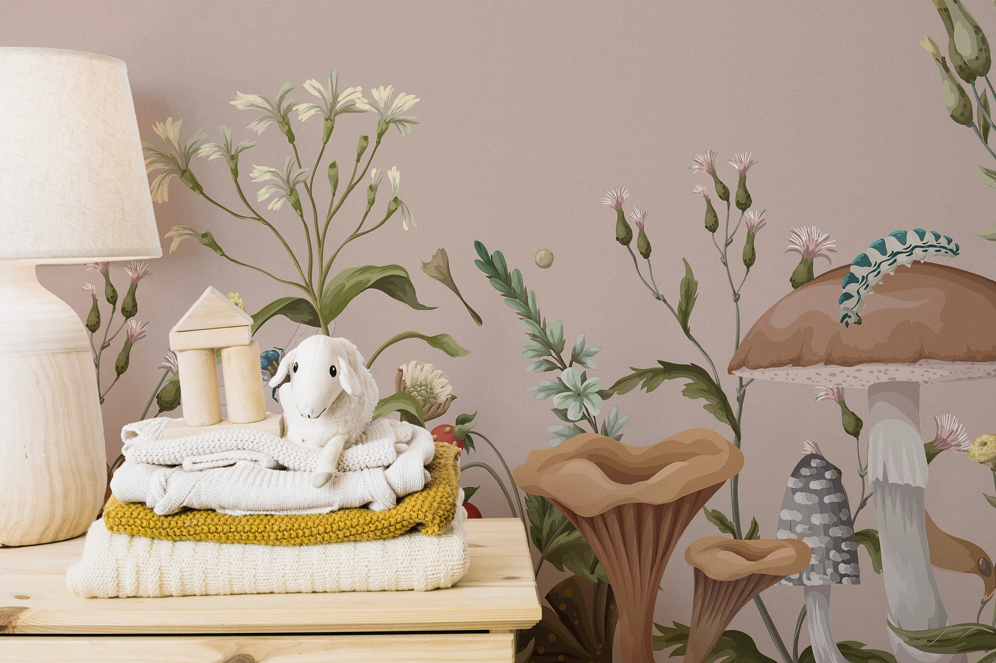 Premium canvas Mushroom Garden Wall Mural in a nursery room with a wooden stool and cute plushies for a high-end feel.