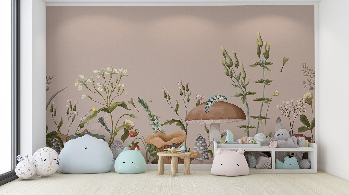 Peel and stick Mushroom Garden Wall Mural in a nursery room with a white chair and many plush animals for a cozy look.